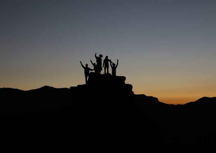 silhouette of people standing on highland during golden hours